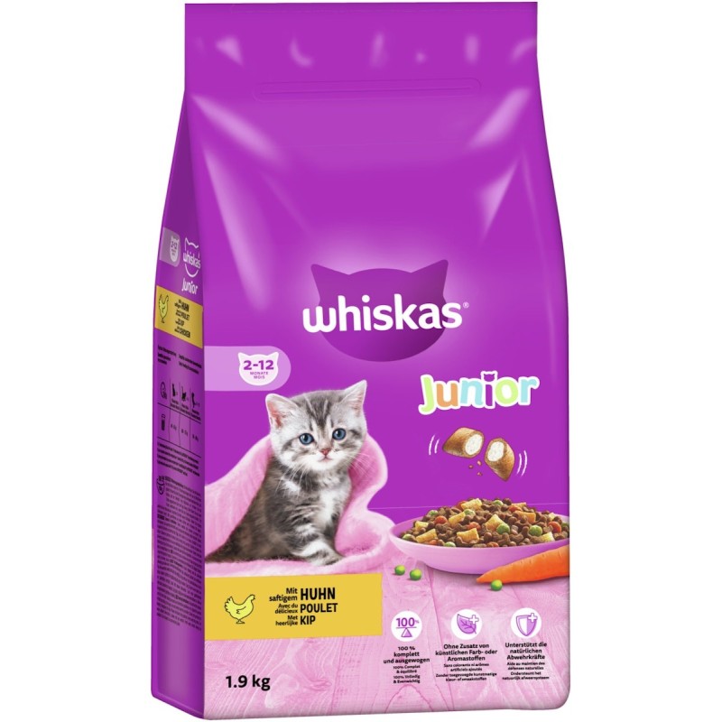 Whiskas Trocken Junior mit Huhn Katzentrockenfutter 2 x 1,9 Kilogramm