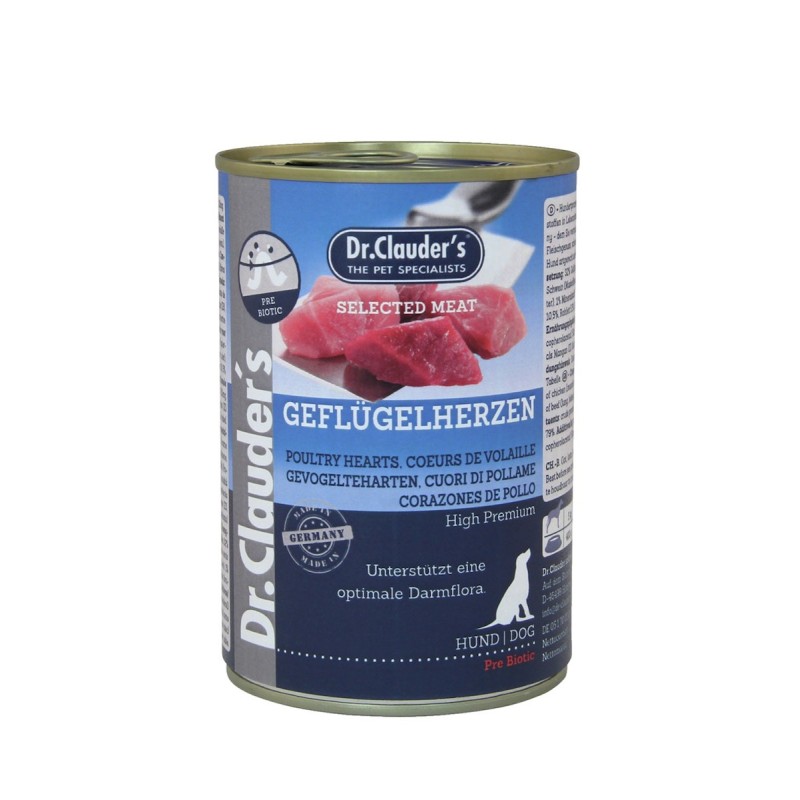 Dr. Clauder's Selected Meat Pre Biotics 400g Dosen Hundenassfutter Sparpaket Geflügelherzen 12x400g