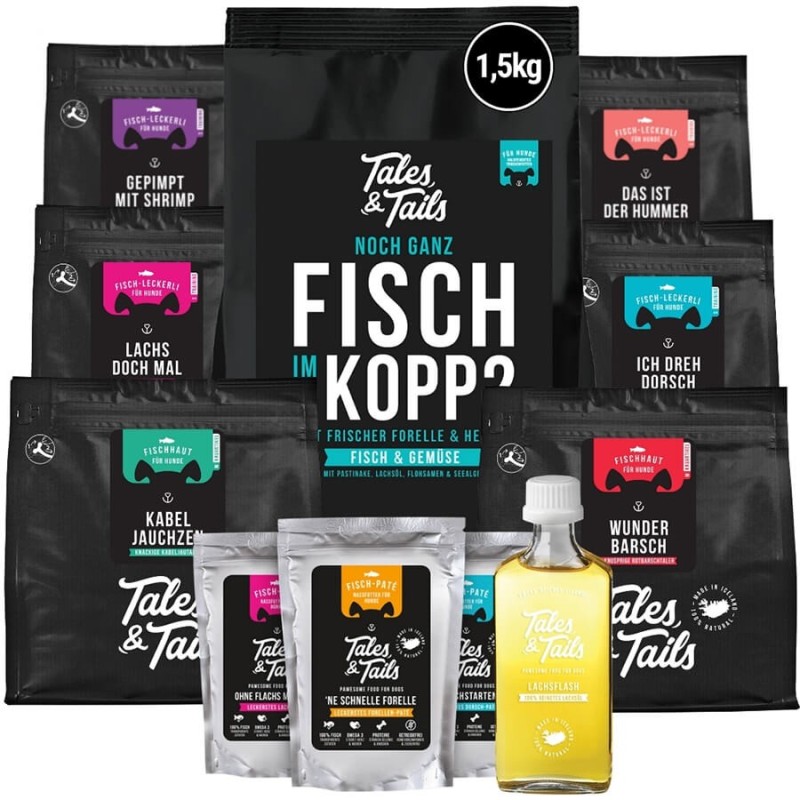 Fischer geht's nicht! Gemischtes Paket aus Produkten mit Fisch für Hunde - Hundefutter, Leckerli, Lachsöl, Nassfutter