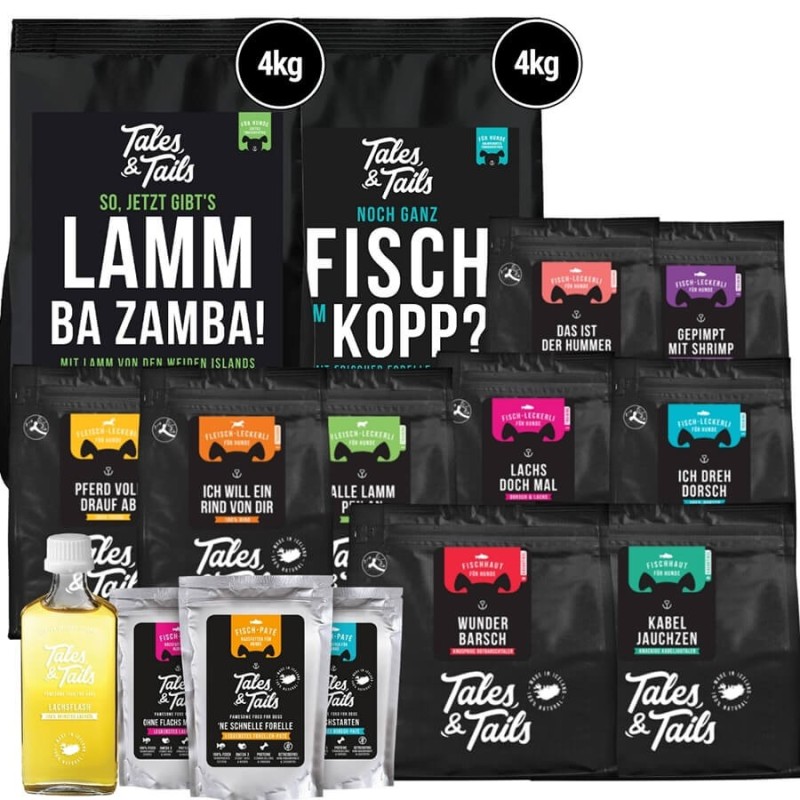 Das große Futterpaket - Probierpaket Hundefutter, Leckerli, Lachsöl, Nassfutter für Hunde