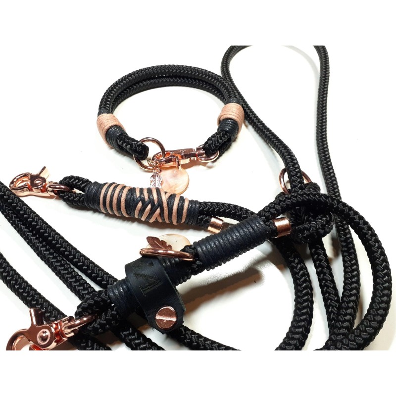 Halsband Set CELINE in schwarz | Beschläge: Rosegold | Auswahl: Halsband / Leine | Farbe: schwarz