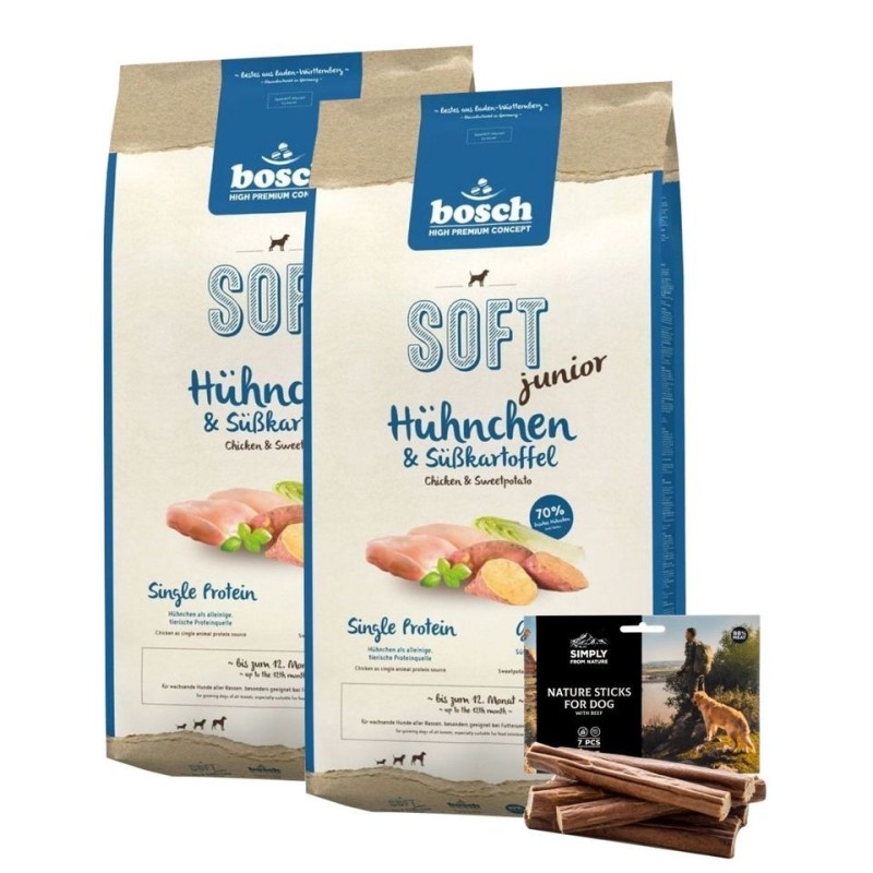 BOSCH Soft Junior Hühnchen  und  Süßkartoffel 2 x 12,5 kg und  Hundesnacks Nature Sticks mit Rind 7 Stck