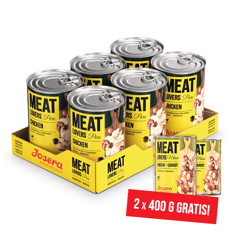 JOSERA Meatlovers Pure Chicken 6x800 g und  2 Dosen Chicken with Carrot 400 g GRATIS