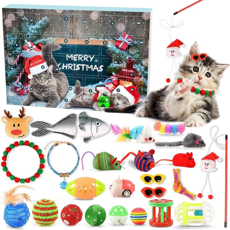 Weihnachts-Adventskalender, Weihnachts-Countdown-Spielzeug, 24-teiliges Katzenkanal-Teasing-Stick-Haustier-Katzenspielzeug-Se