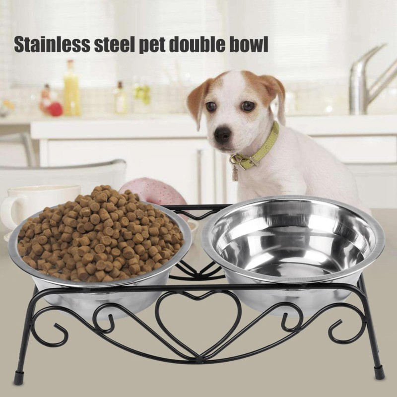 Stainless Steel Raised Pet Bowls wtih Double Dog Cat Food and Water Feeder Dish Retro Iron Elevated Stand for Pet