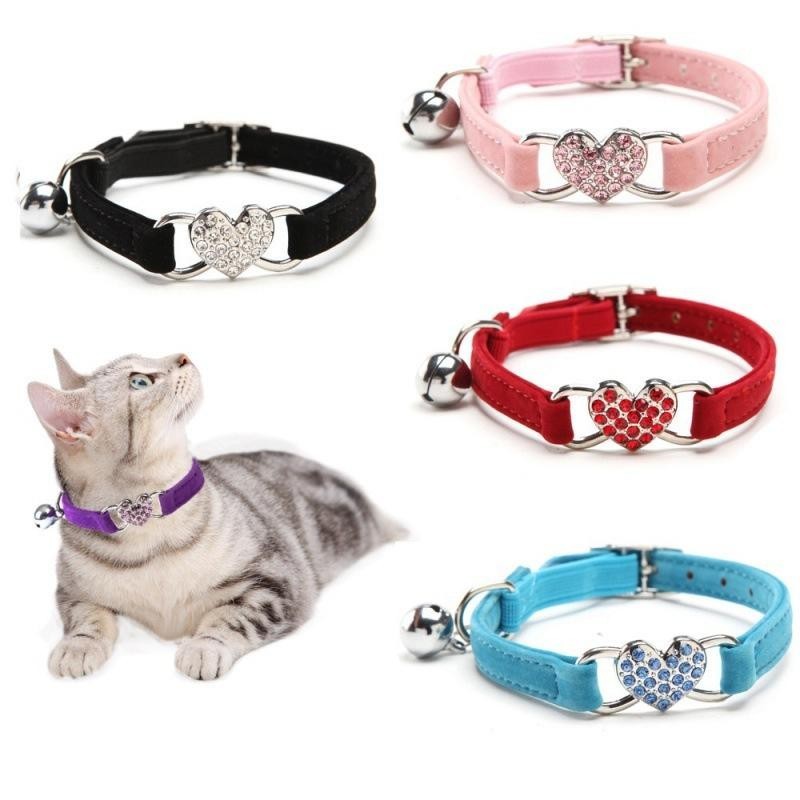 Katzenhalsband, Kristall, elastisches Halsband, Samtglocke, Herzform, Halsband, Haustierhalsband, weiche Glocke, Stretch, Hal