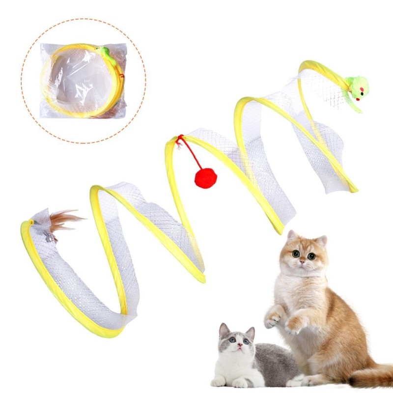 Folded Cat Spiral Tunnel Mouse Pendant Spring Toy S Type Cat Tunnel Tube Pet Collapsible Interactive Toy with Feather for Rab