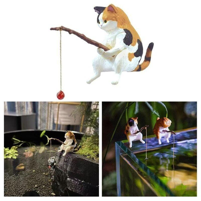 Angeln Katze Ornamente Aquarium Dekoration Fisch Landschaftsbau Cartoon Katze Statue Mini Harz Figur Startseite Dekorationen