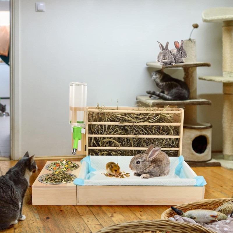 Kaninchen Heu Feeder mit Katzentoilette Toilette Wasserflasche Lebensmittel Spender Meerschweinchen