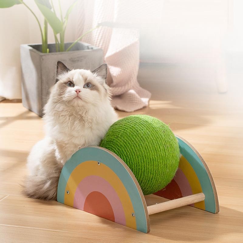 Rainbow Design Cat Scratcher Ball Natural Sisal Scratching Toy with Roller Track Toys and Wooden Base Kitten Turtle Shape Scr