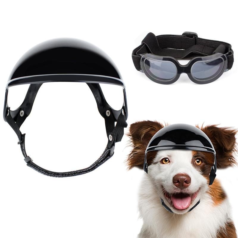 Haustier-Hundehelm-Brillen-Set, UV-Schutz, Sonnenbrille, Motorrad-Sicherheitshut mit verstellbarem Gürtel