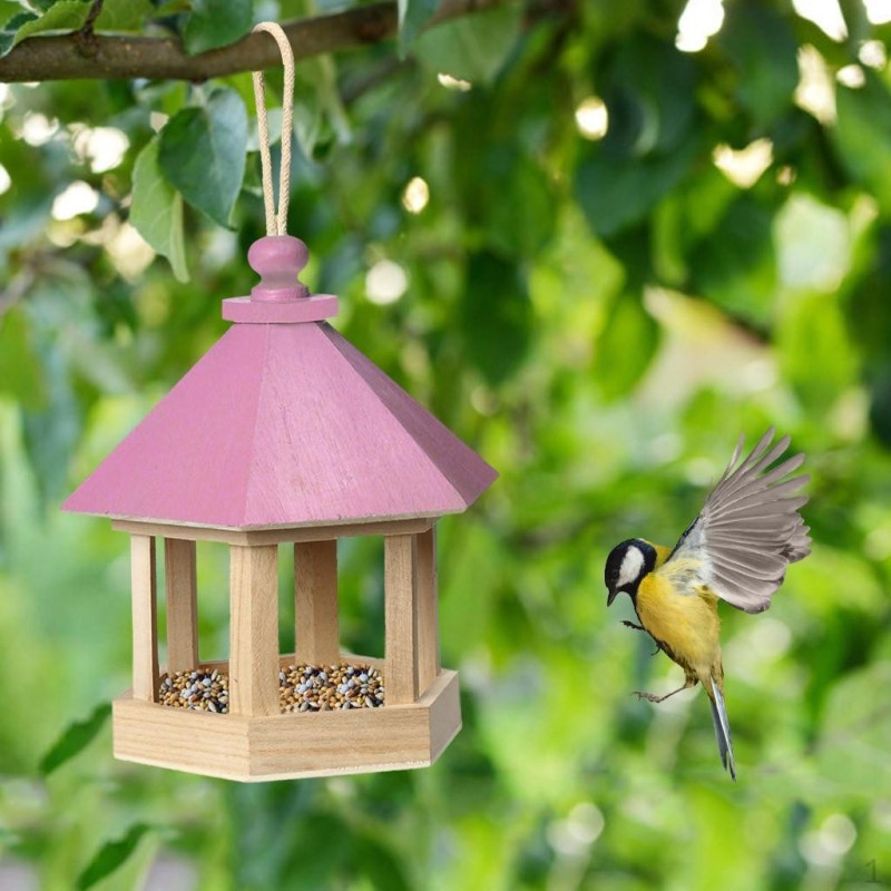 Vogelhäuschen, sechseckig, Pavillon-Form mit hängendem Futterhäuschen am Dach für die Garten- und Hofdekoration